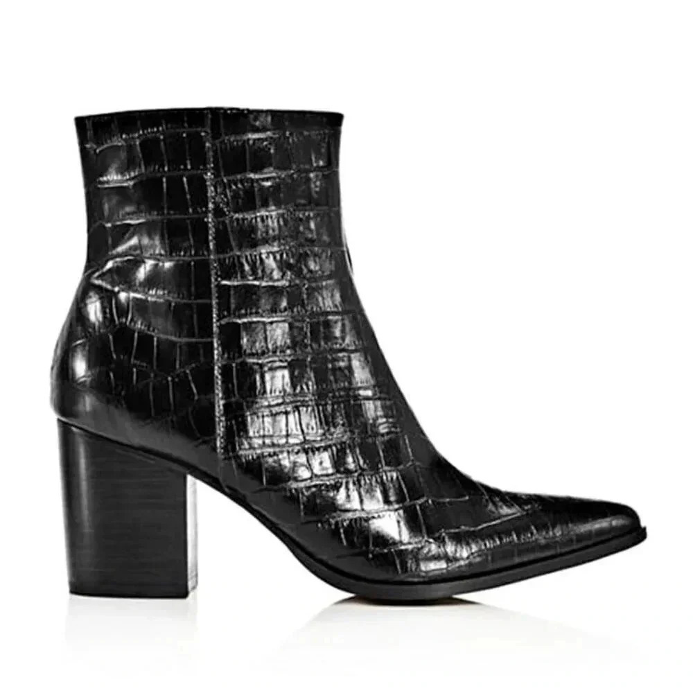 Jaggar Women's Grounded Croc Embossed Black Leather Booties Size 35 (Msrp $208)